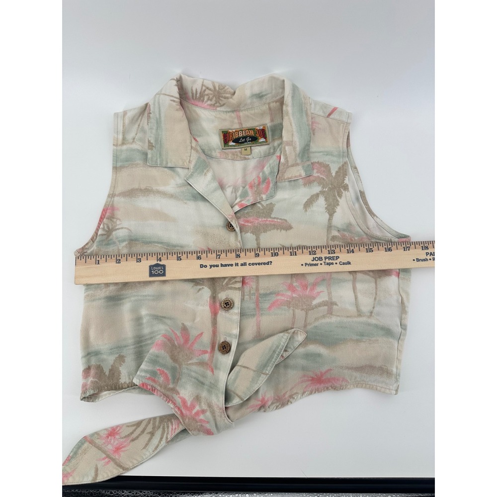Caribbean Joe Womens Tropical Palm Tree Tie Front Rayon Crop Top Tan Pink Med - Picture 4 of 6